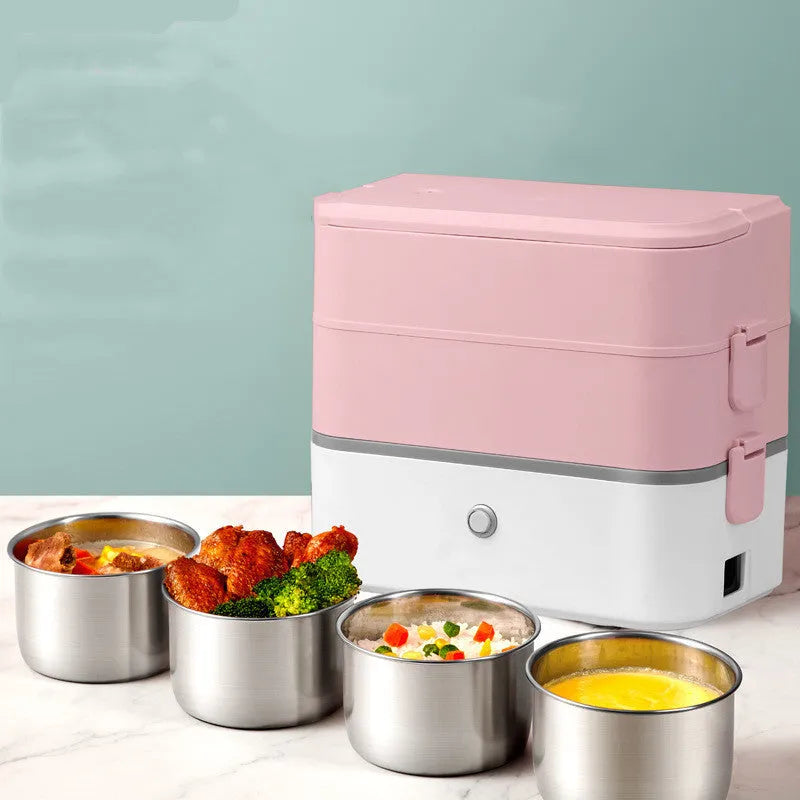 Portable heated lunch box with stainless steel liner and push-button control in pink white colour