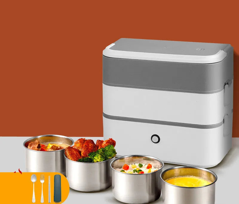 Portable heated lunch box with stainless steel liner and push-button control in pink white colour
