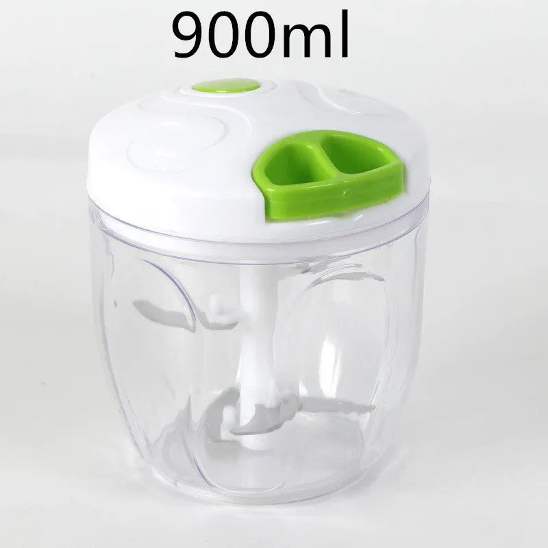 Manual kitchen chopper with stainless steel blades and green ABS plastic bowl