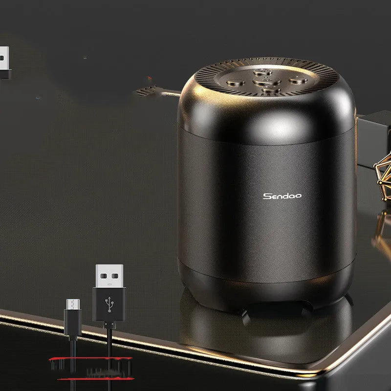 Compact black and white portable Bluetooth speaker with super subwoofer measuring 90x73x73mm
