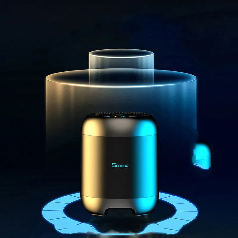 Compact black and white portable Bluetooth speaker with super subwoofer measuring 90x73x73mm