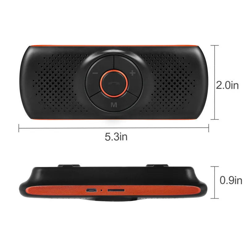 Orange plastic Bluetooth hands-free car speaker mounted on a sun visor for wireless smartphone calls and music.