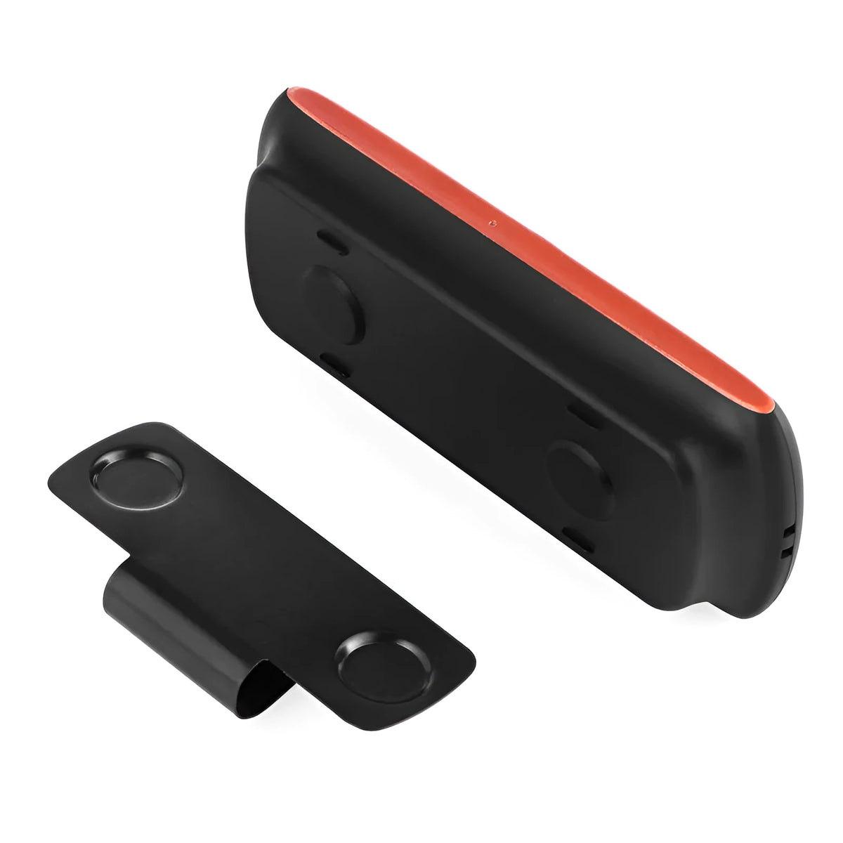Orange plastic Bluetooth hands-free car speaker mounted on a sun visor for wireless smartphone calls and music.