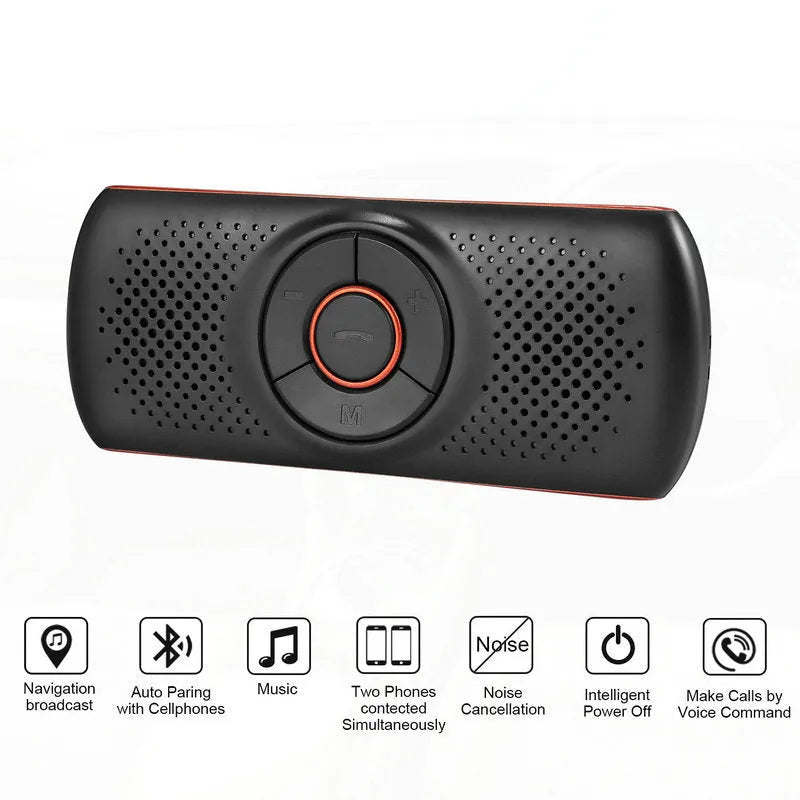 Orange plastic Bluetooth hands-free car speaker mounted on a sun visor for wireless smartphone calls and music.