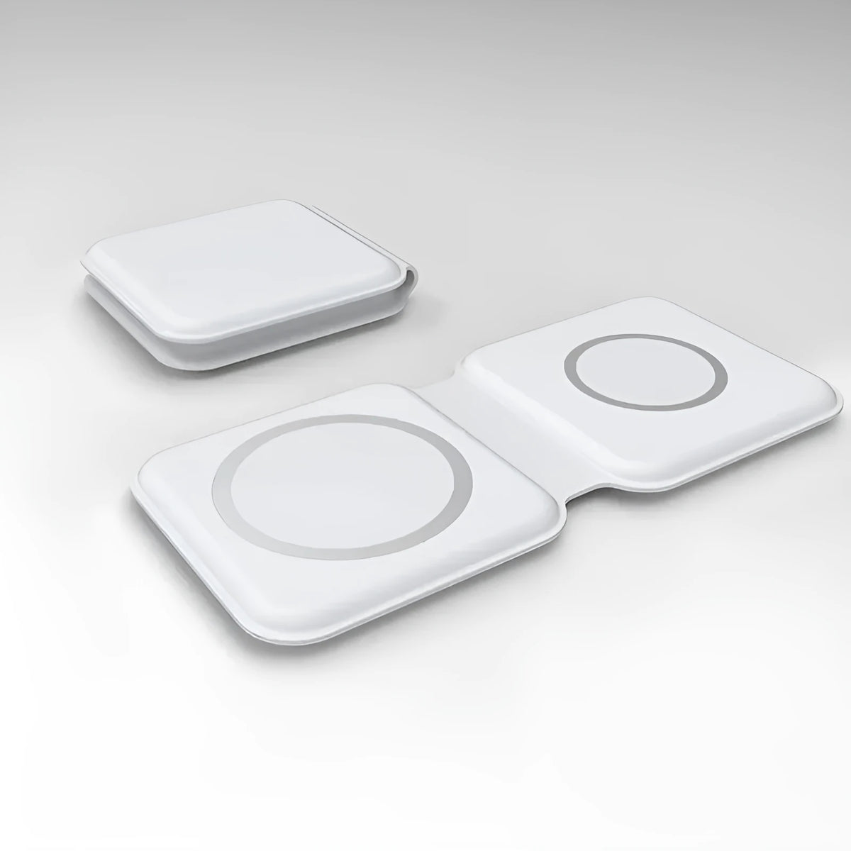 White foldable magnetic wireless charging dock showing dual charging surfaces and Type-C port