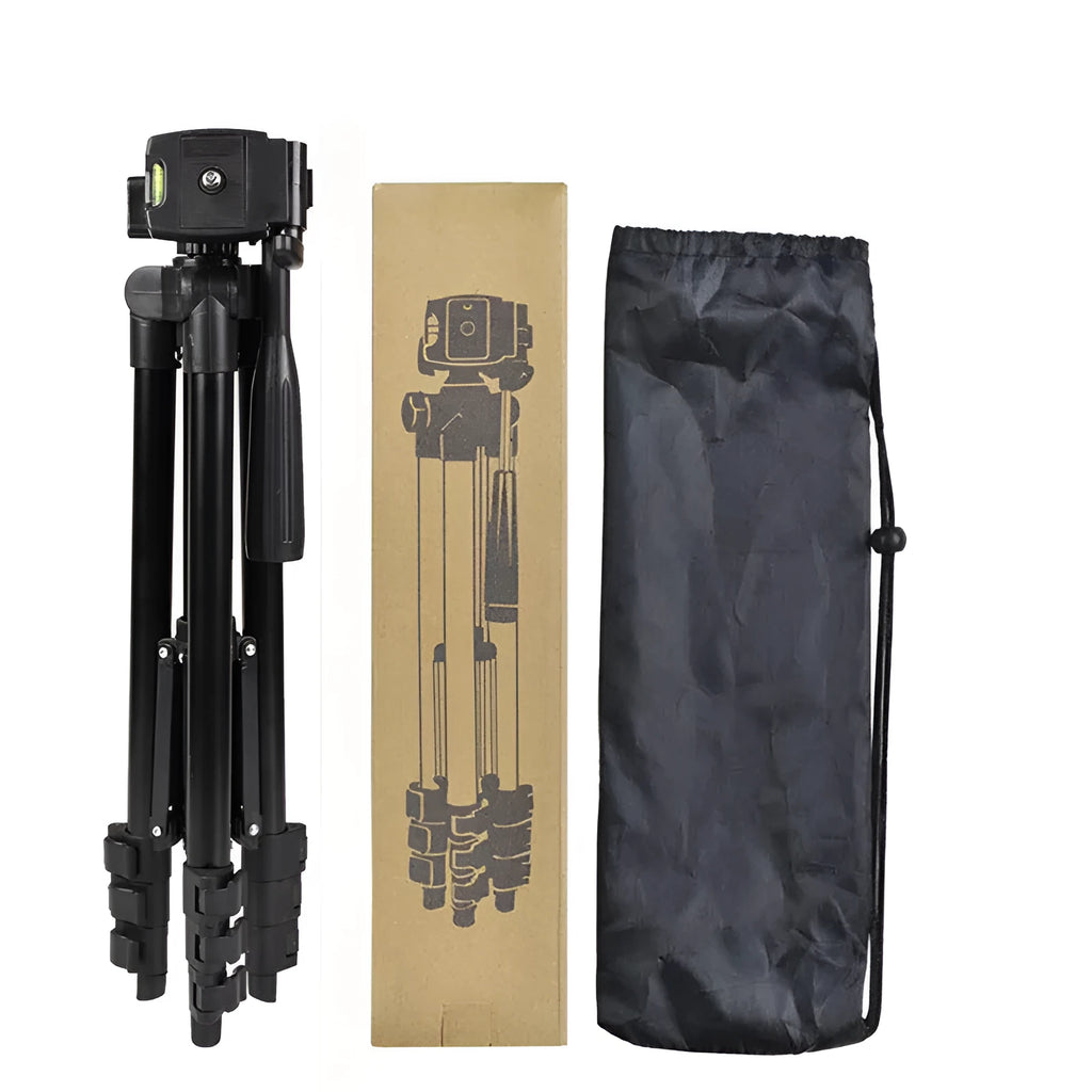 Black aluminium portable camera tripod with quick-release plate extended to medium height