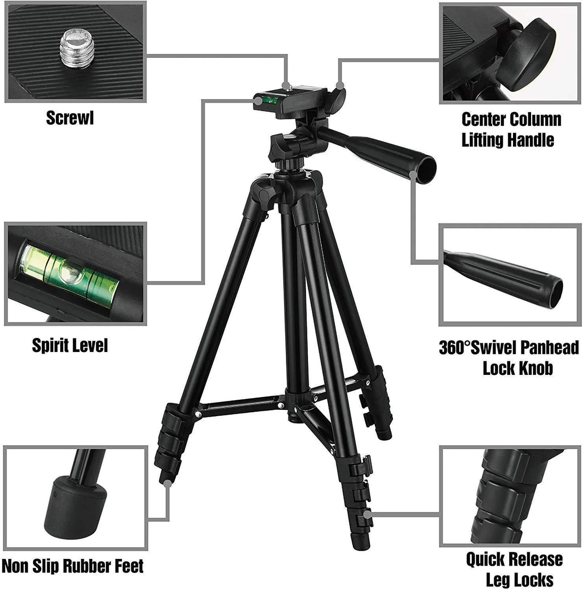 Black aluminium portable camera tripod with quick-release plate extended to medium height