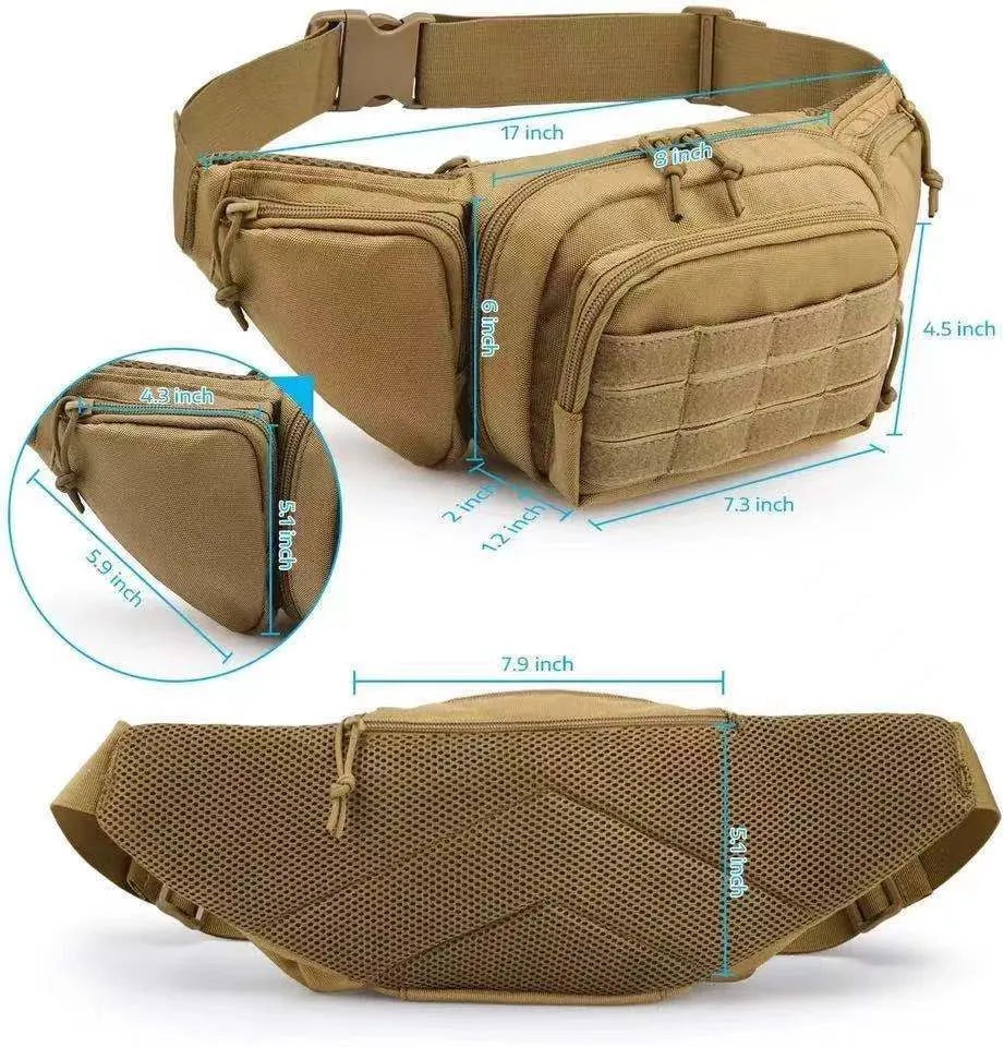 Tactical multifunctional waist bag in black or khaki with adjustable fit and moderate storage capacity
