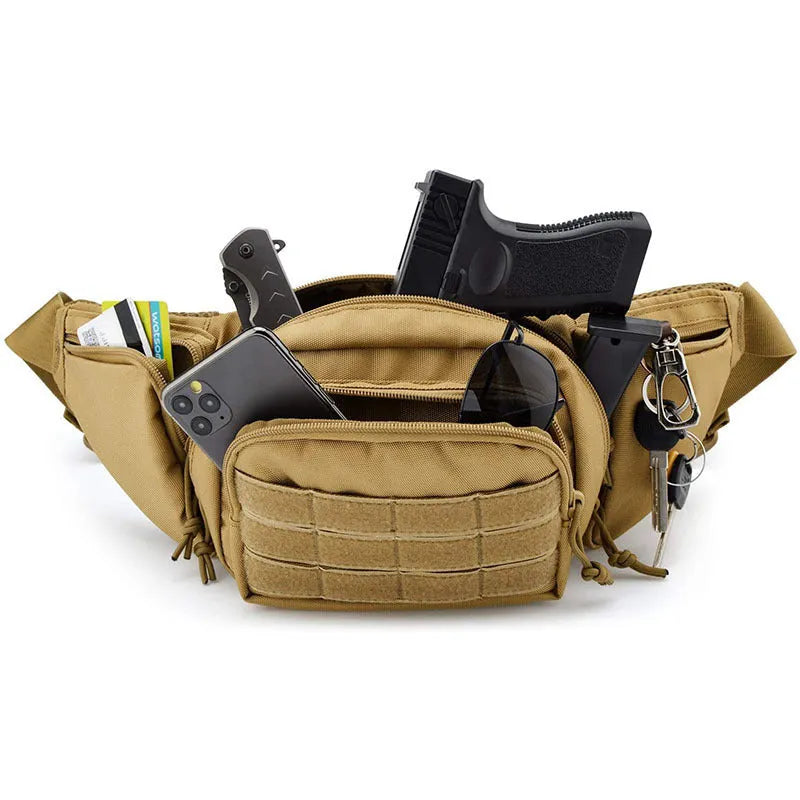 Tactical multifunctional waist bag in black or khaki with adjustable fit and moderate storage capacity