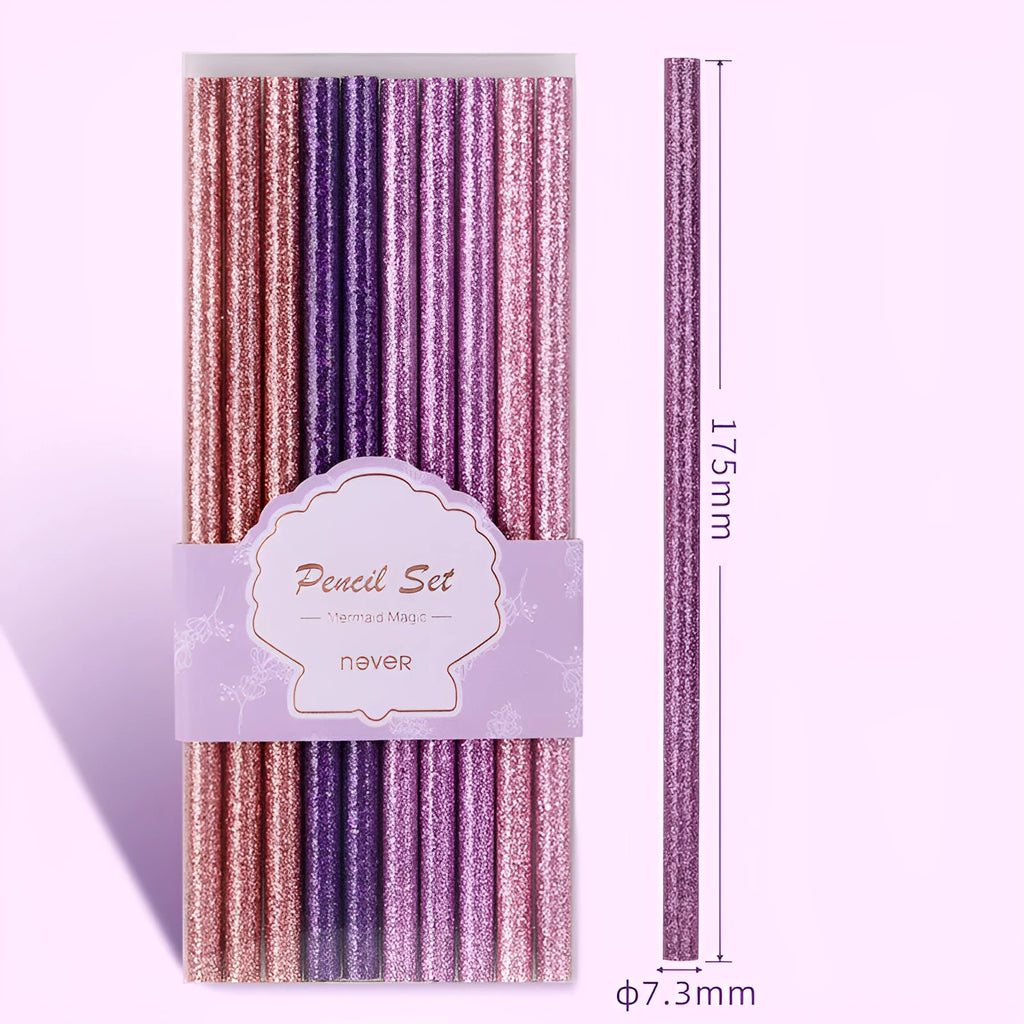HB mixed colour graphite pencil pack in display box with purple glitter and pale pink pencils
