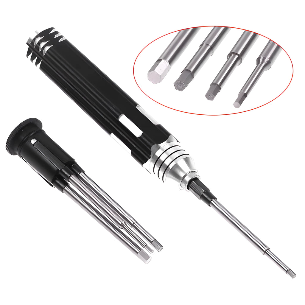 Black aluminium handle four-in-one hex screwdriver set with four high-speed steel bits for aeromodelling.