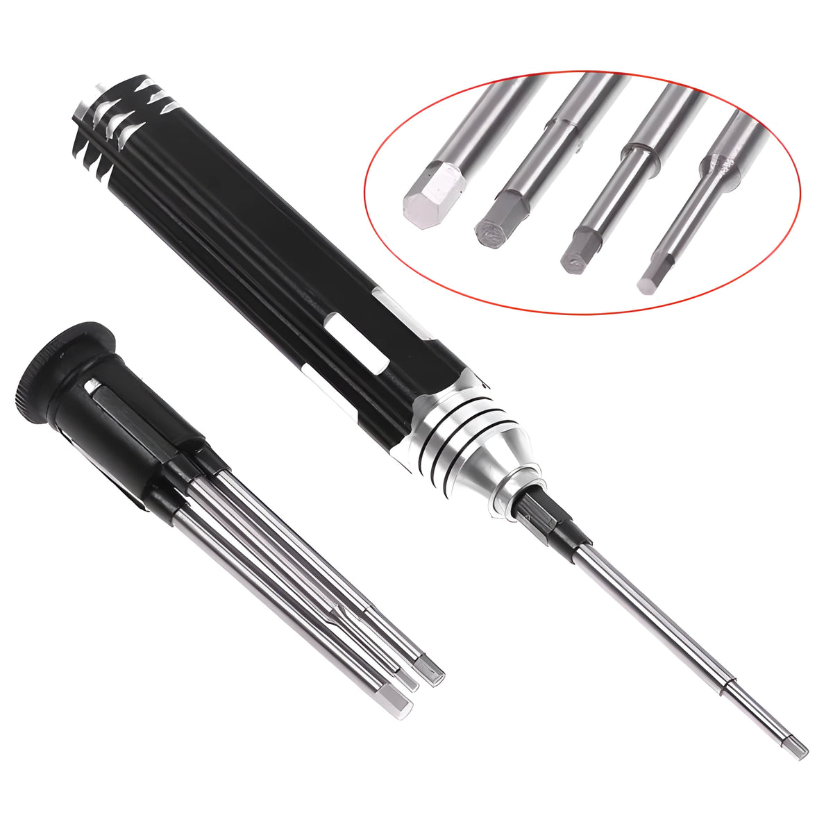 Black aluminium handle four-in-one hex screwdriver set with four high-speed steel bits for aeromodelling.