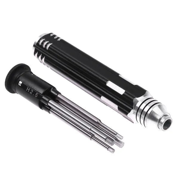 Black aluminium handle four-in-one hex screwdriver set with four high-speed steel bits for aeromodelling.