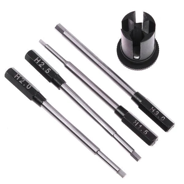 Black aluminium handle four-in-one hex screwdriver set with four high-speed steel bits for aeromodelling.
