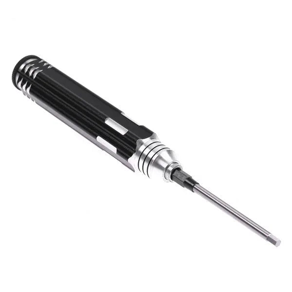 Black aluminium handle four-in-one hex screwdriver set with four high-speed steel bits for aeromodelling.