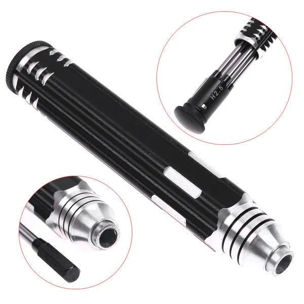 Black aluminium handle four-in-one hex screwdriver set with four high-speed steel bits for aeromodelling.