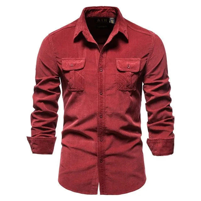 Men's denim blue linen long sleeve shirt with button-down collar on hanger