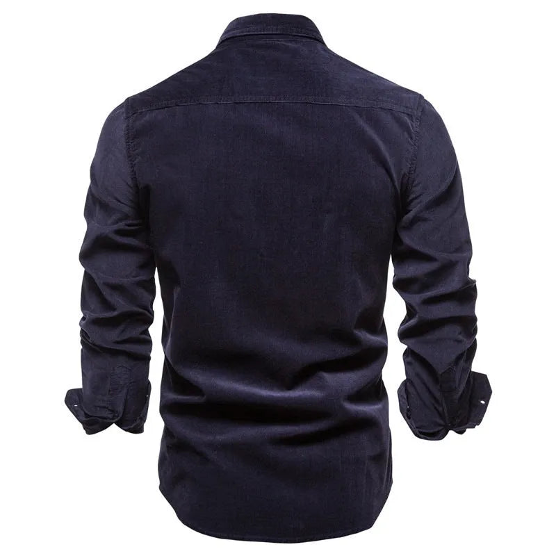 Men's denim blue linen long sleeve shirt with button-down collar on hanger