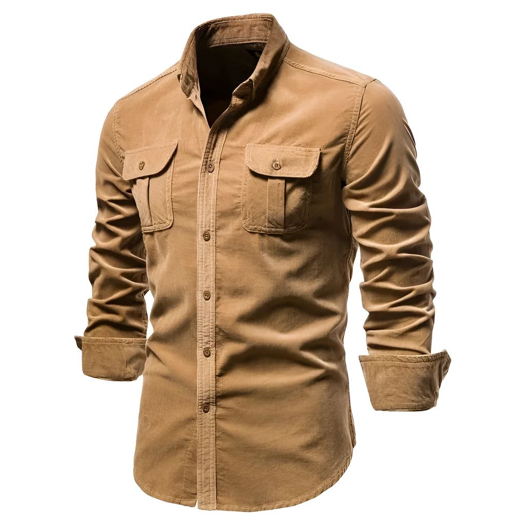 Men's denim blue linen long sleeve shirt with button-down collar on hanger