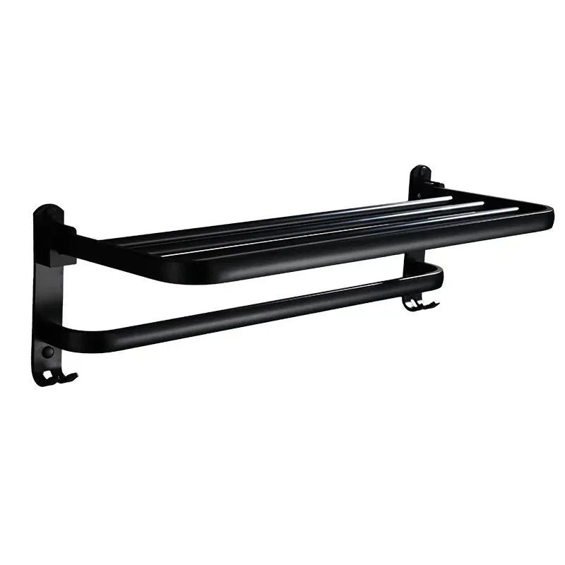 Modern aluminium folding bathroom shelf with two tiers, shown in a size with perforated panels and hooks.