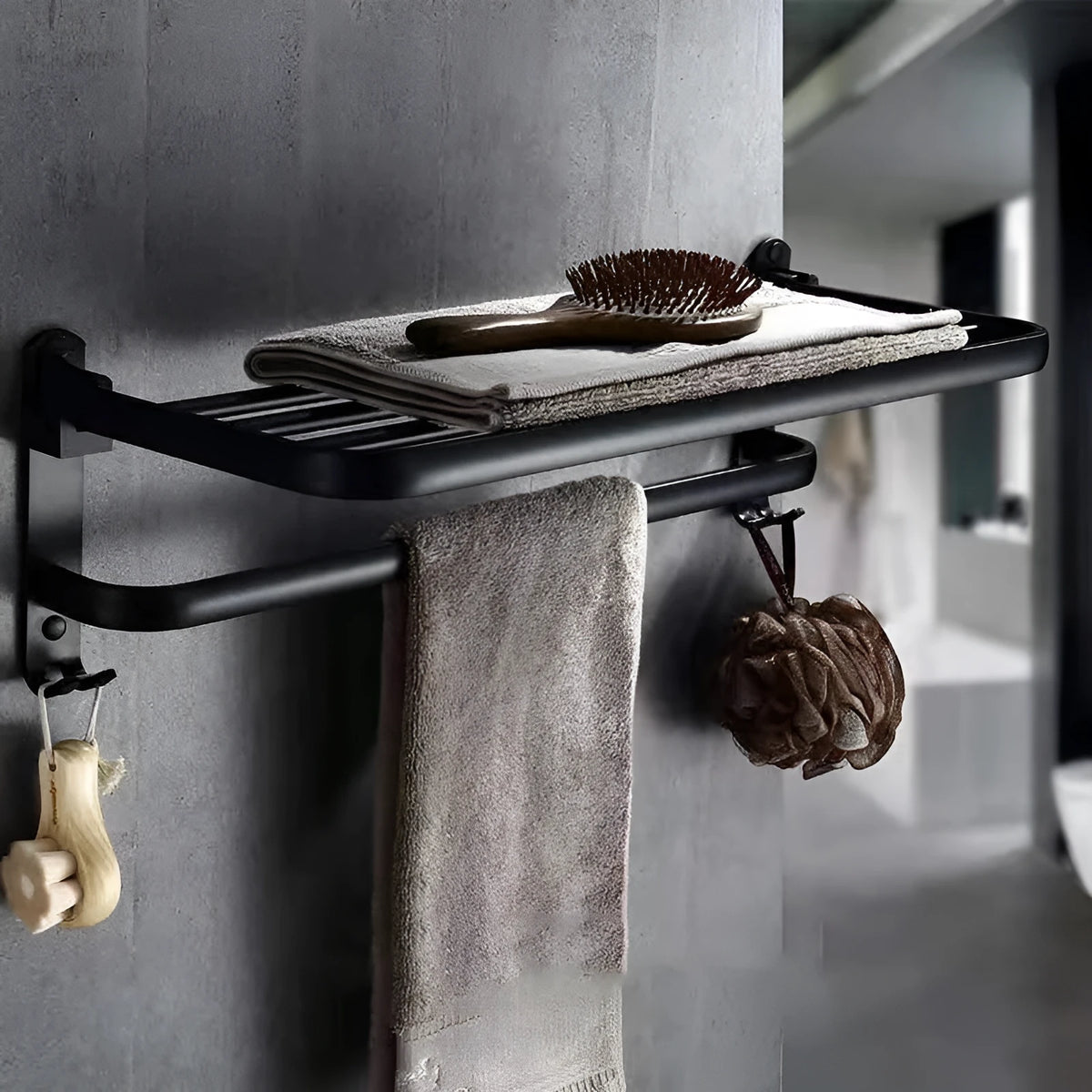 Modern aluminium folding bathroom shelf with two tiers, shown in a size with perforated panels and hooks.