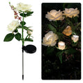 Outdoor solar rose garden lamp with three heads on an 80cm stake, showing pink silk cloth roses with LED illumination.
