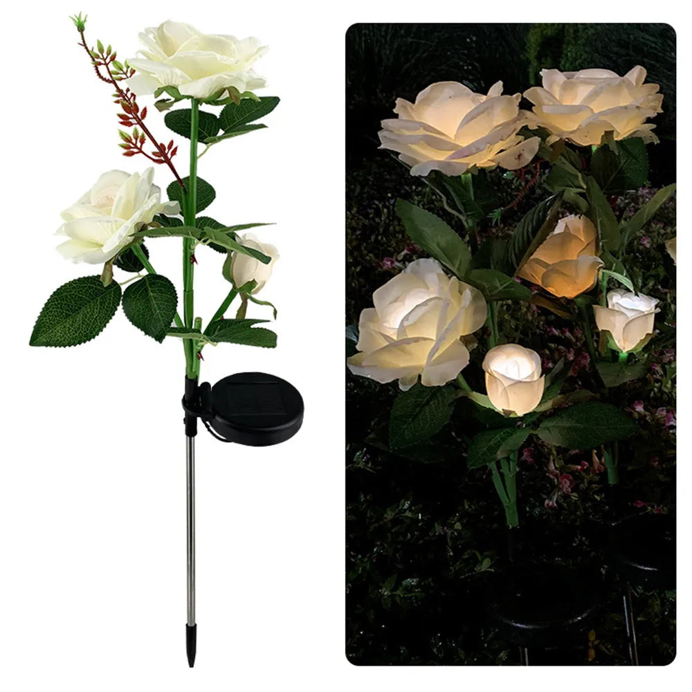 Outdoor solar rose garden lamp with three heads on an 80cm stake, showing pink silk cloth roses with LED illumination.