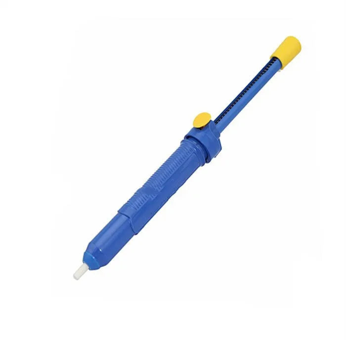Gs-107 manual solder sucker desoldering tool in blue, gold, and silver colours.