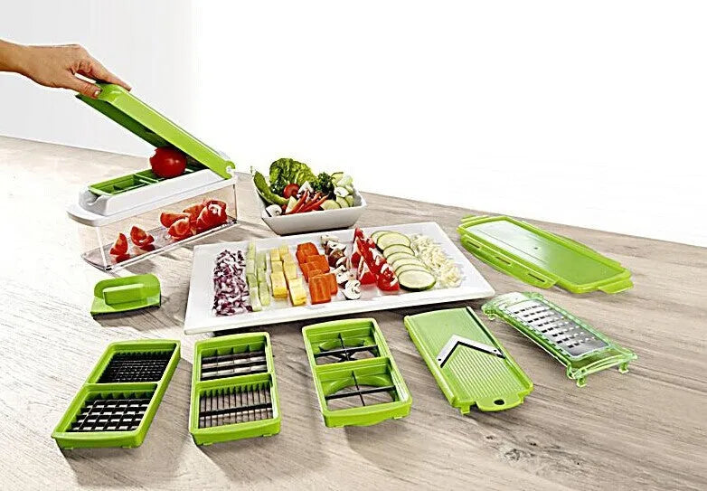 Green ABS plastic vegetable chopper with stainless steel blades and 12 kitchen accessories for manual food preparation