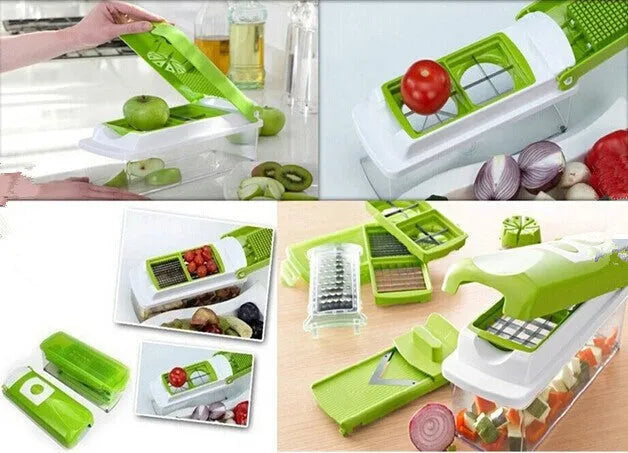 Green ABS plastic vegetable chopper with stainless steel blades and 12 kitchen accessories for manual food preparation