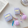 Purple silicone protective case for Apple AirPods with fur ball pendant, showing clamshell design