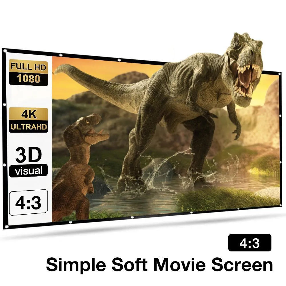 White polyester foldable projection screen showing 150 inch measurement and 4:3 aspect ratio