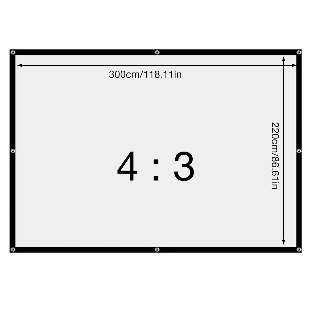 White polyester foldable projection screen showing 150 inch measurement and 4:3 aspect ratio
