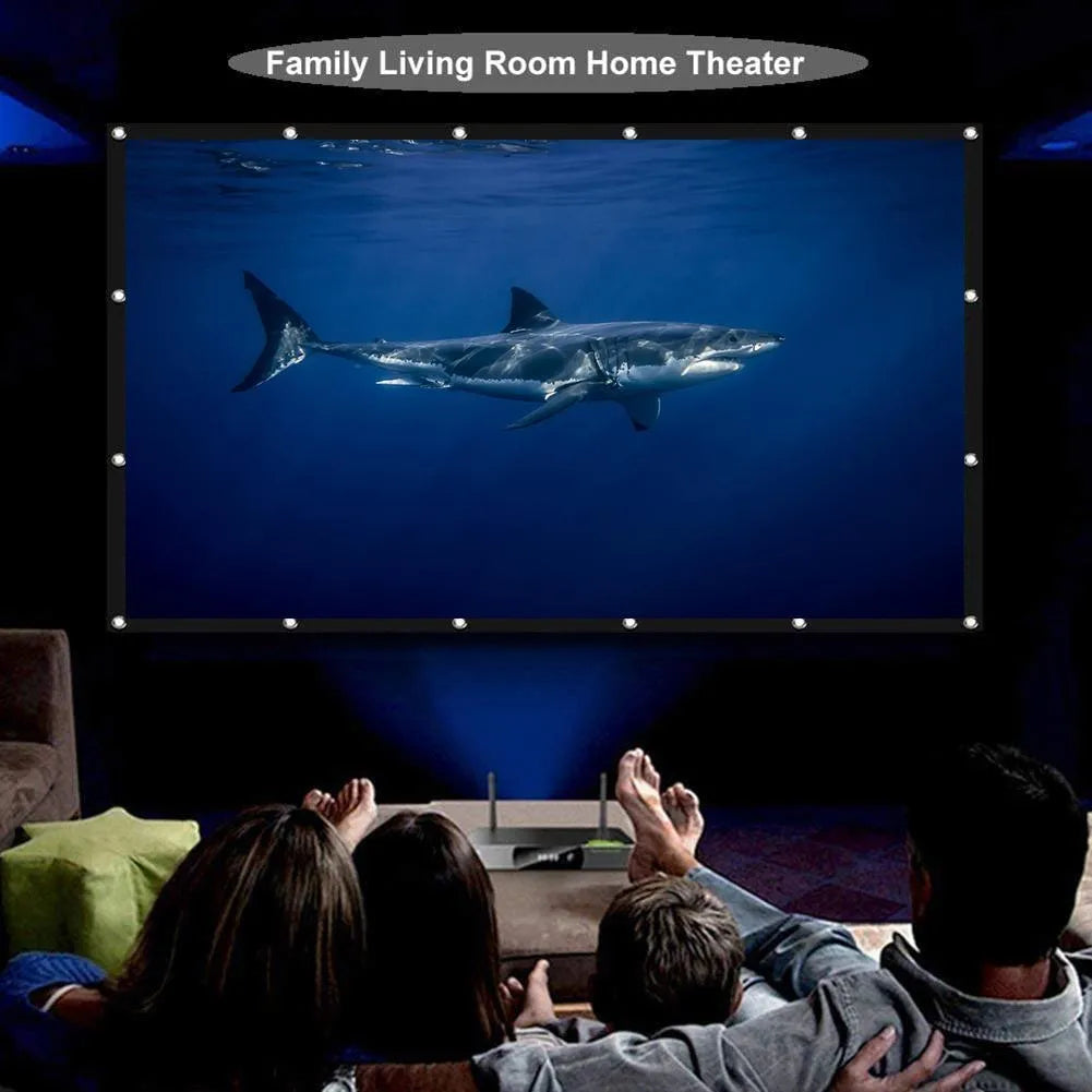White polyester foldable projection screen showing 150 inch measurement and 4:3 aspect ratio