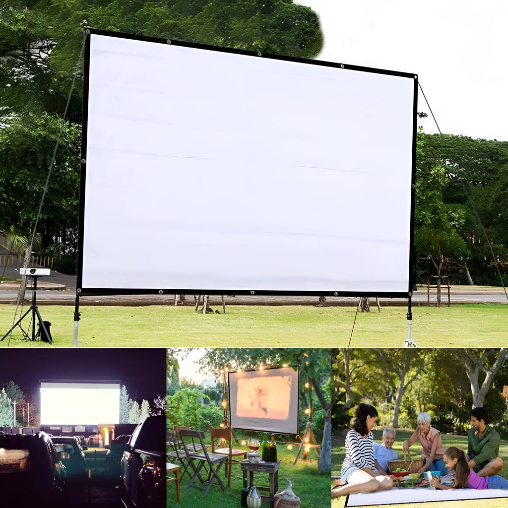 White polyester foldable projection screen showing 150 inch measurement and 4:3 aspect ratio