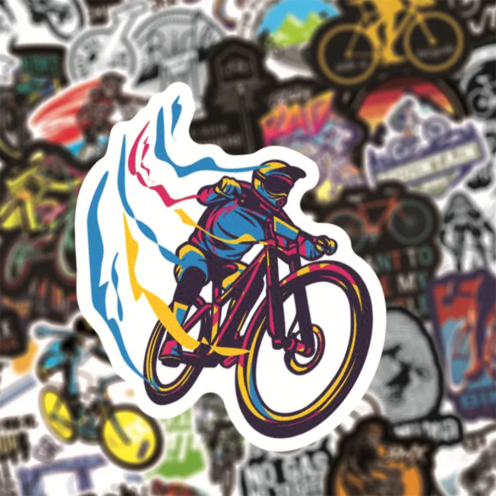 Set of 50 colourful bicycle and mountain bike themed vinyl stickers on a sheet.