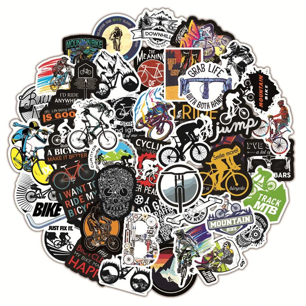 Set of 50 colourful bicycle and mountain bike themed vinyl stickers on a sheet.