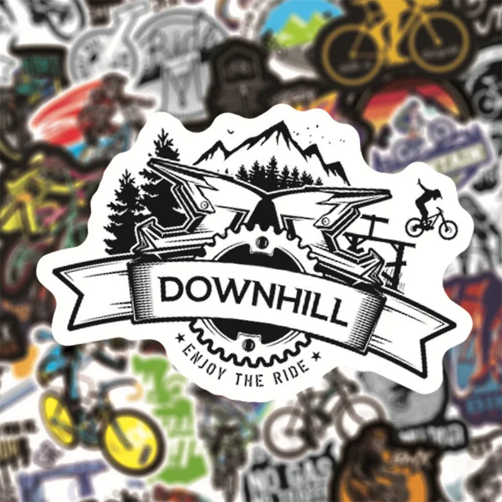 Set of 50 colourful bicycle and mountain bike themed vinyl stickers on a sheet.