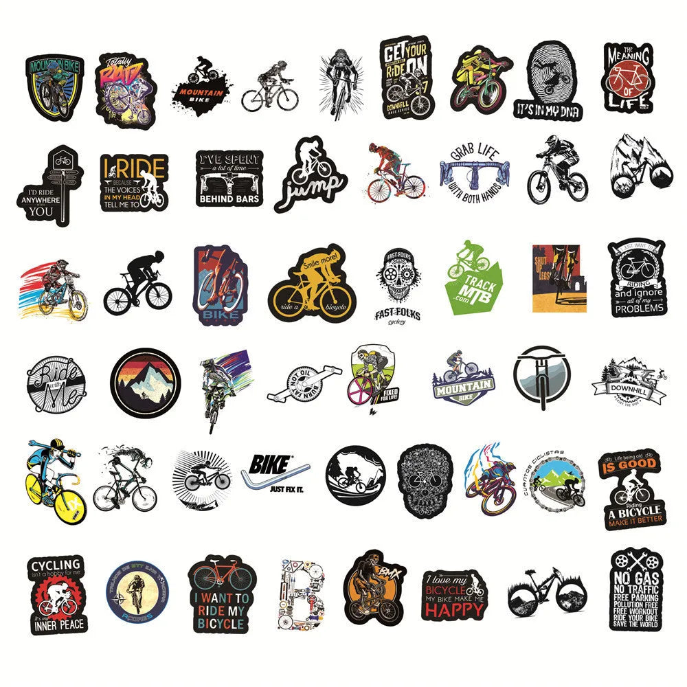 Set of 50 colourful bicycle and mountain bike themed vinyl stickers on a sheet.