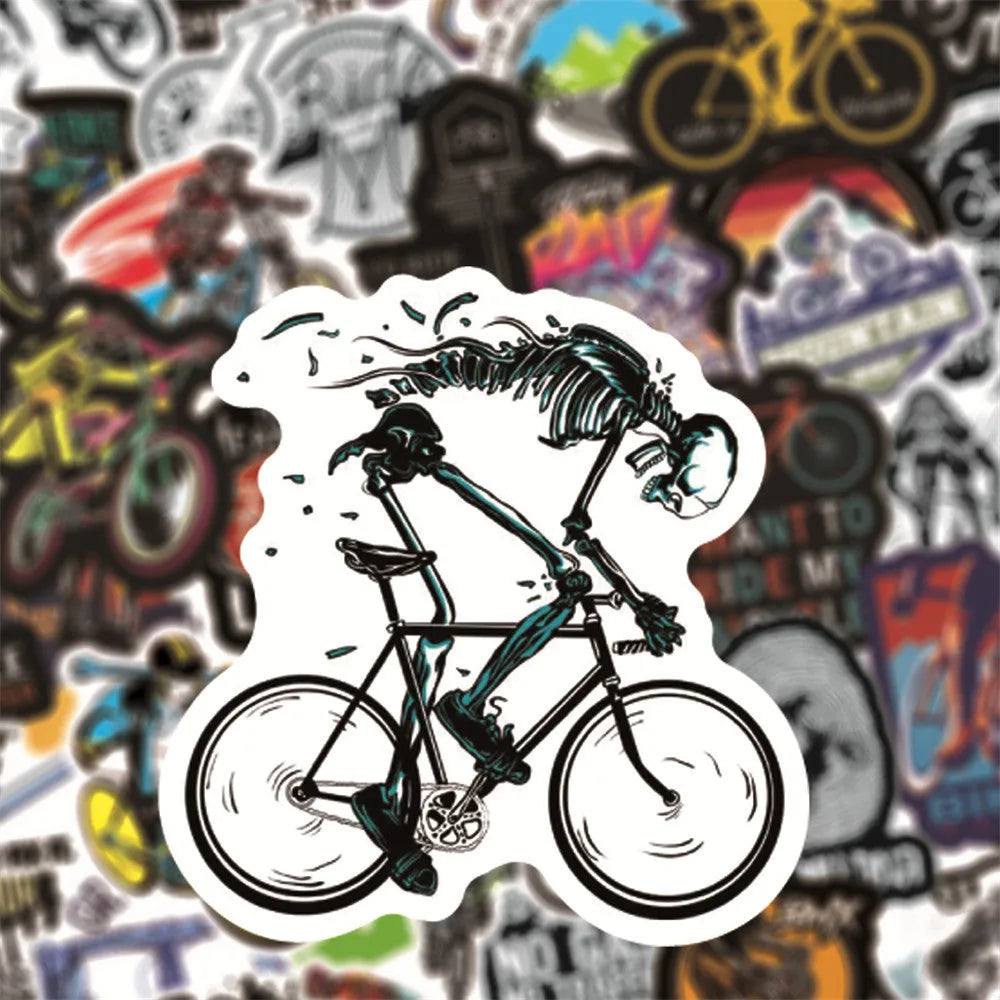 Set of 50 colourful bicycle and mountain bike themed vinyl stickers on a sheet.