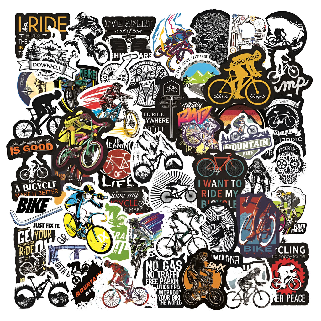 Set of 50 colourful bicycle and mountain bike themed vinyl stickers on a sheet.