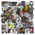 Set of 50 colourful bicycle and mountain bike themed vinyl stickers on a sheet.