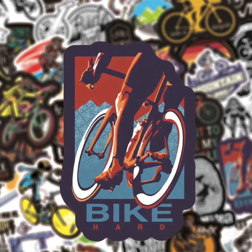 Set of 50 colourful bicycle and mountain bike themed vinyl stickers on a sheet.