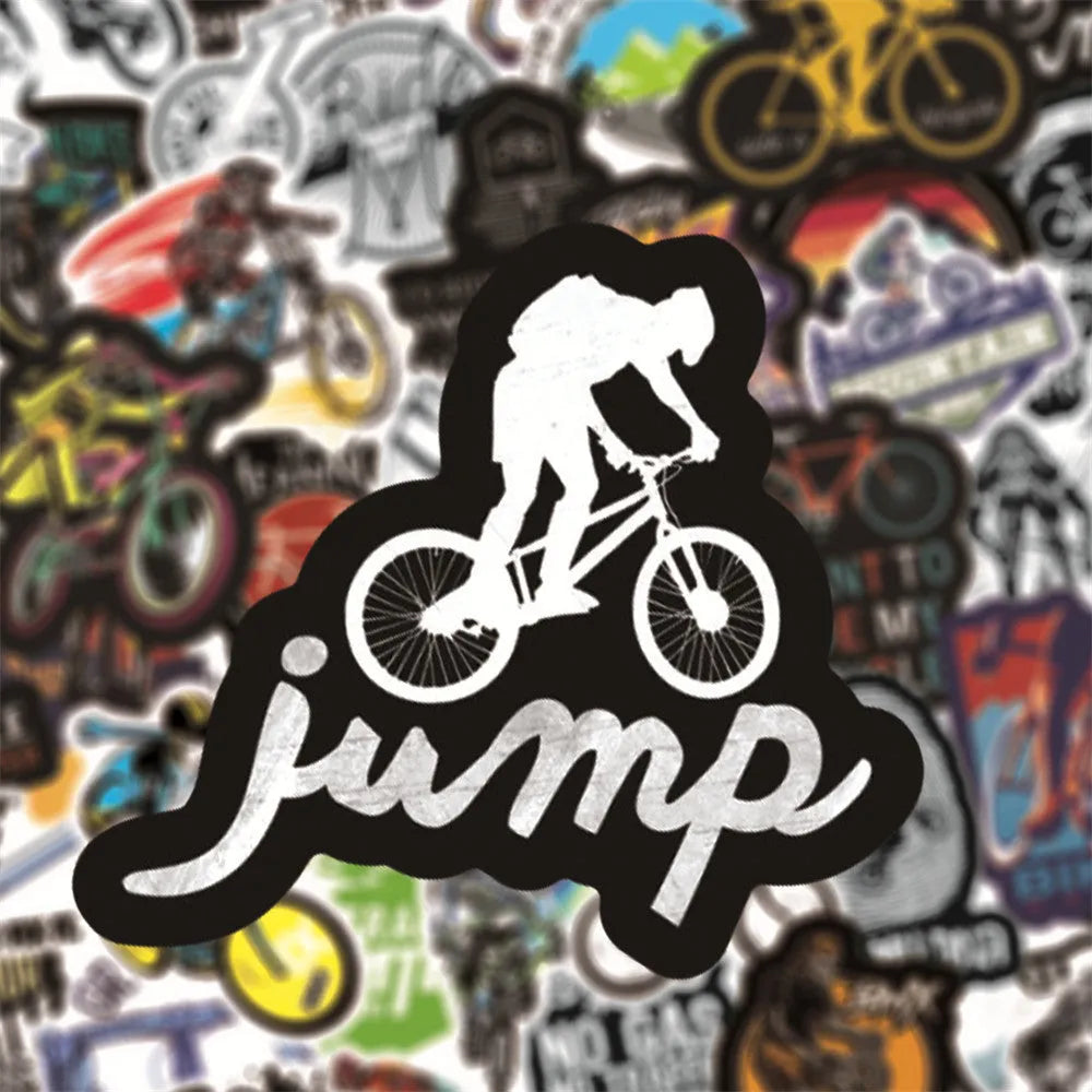 Set of 50 colourful bicycle and mountain bike themed vinyl stickers on a sheet.
