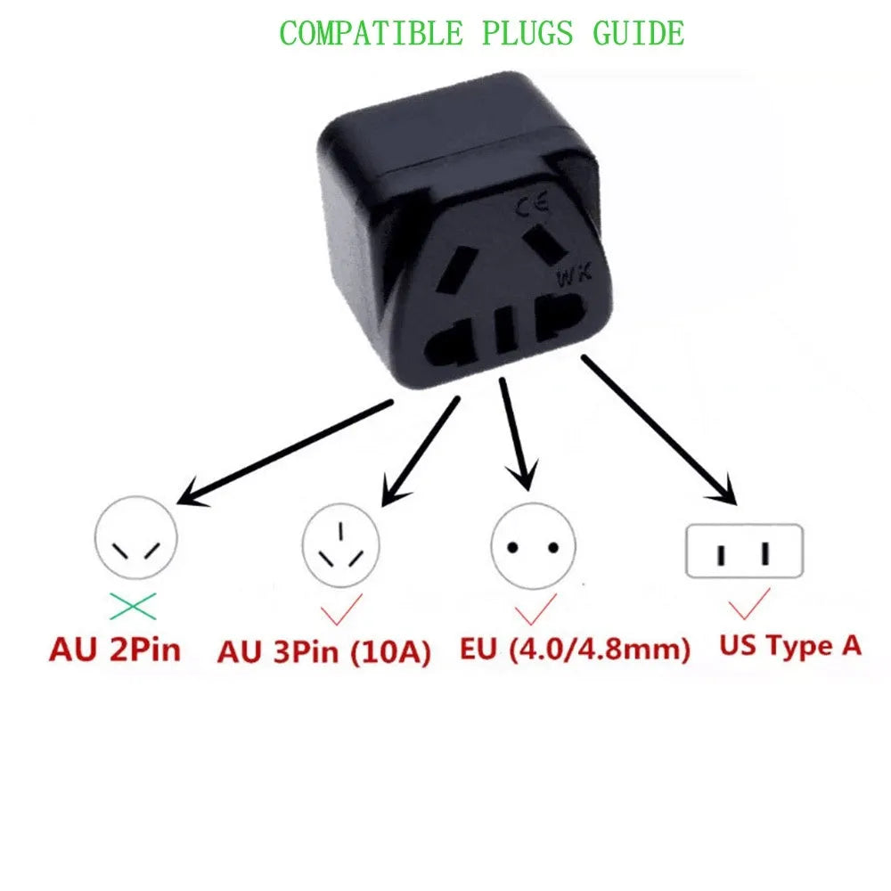 Square three plug power conversion adapter with five outputs in black or white