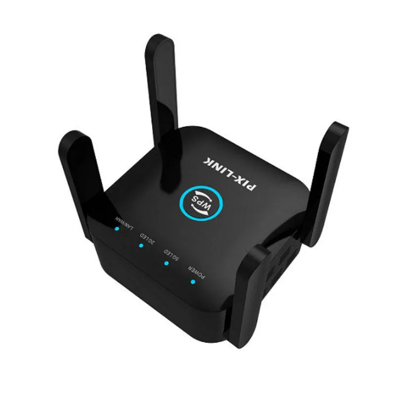 PIXLINK AC24 dual frequency wireless WiFi extender router in black or white colour with power adaptors
