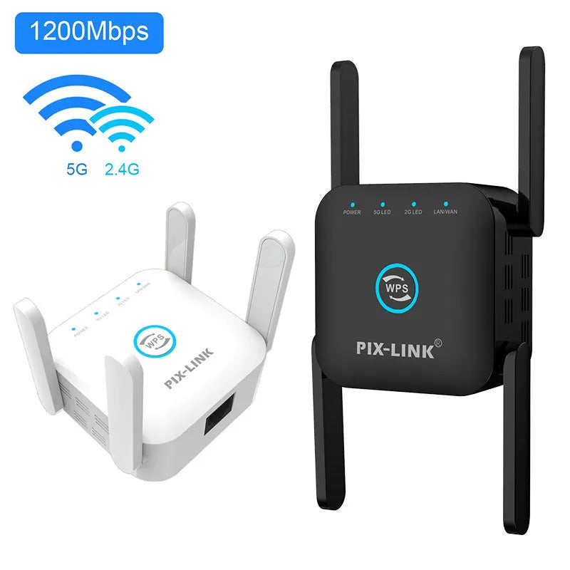 PIXLINK AC24 dual frequency wireless WiFi extender router in black or white colour with power adaptors