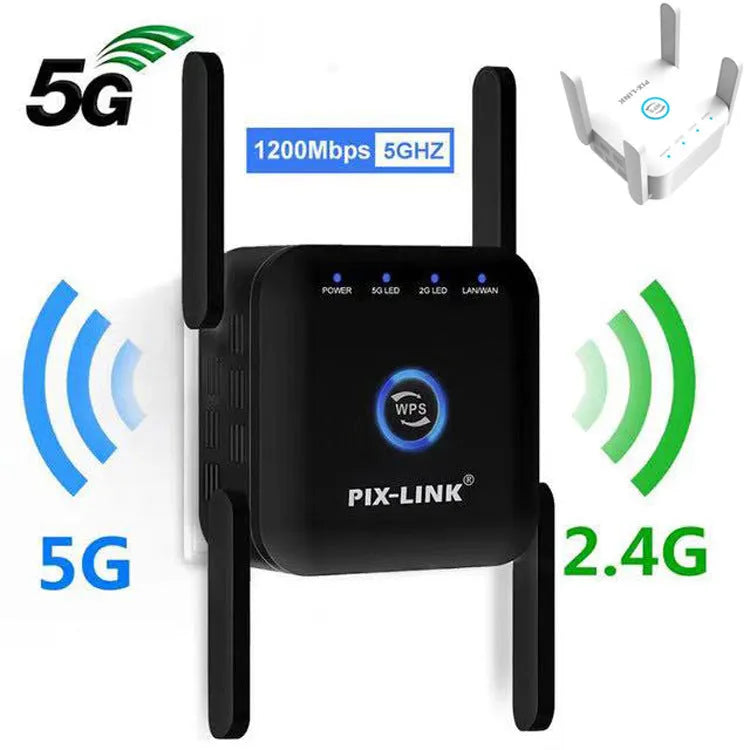 PIXLINK AC24 dual frequency wireless WiFi extender router in black or white colour with power adaptors