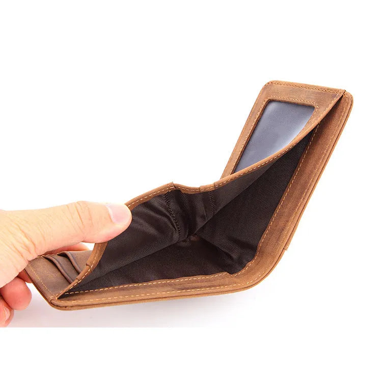 Brown men's leather wallet with RFID protection showing card slots and compact 11cm design