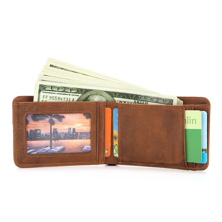 Brown men's leather wallet with RFID protection showing card slots and compact 11cm design